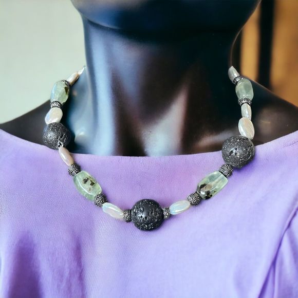 Natural Baroque Coin Pearl Moss Agate Lava Bead Necklace Sterling Silver Heart - Picture 8 of 8